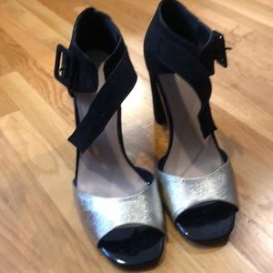 BCBG black and gold heels